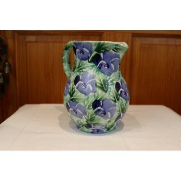 Bloomingdales Italy Hand Painted Italy Pottery Pitcher Floral Blue Pansy - Picture 3 of 7